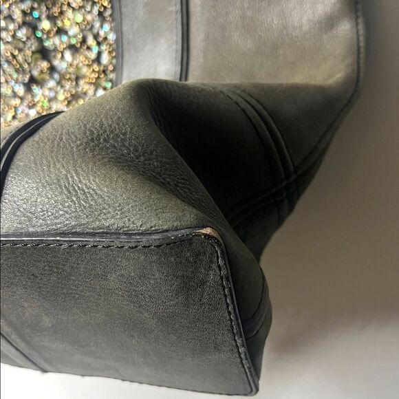 Large Allsaints Co LTD Leather tote Bag Olive with Sequin Panel 2 handles zip - Picture 5 of 12